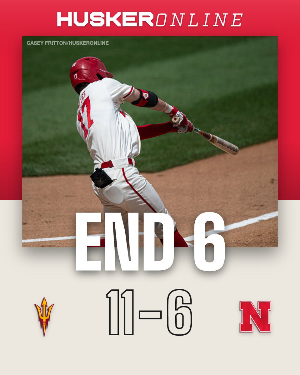 HuskerOnline's tweet photo. ⚾️M7 | Nebraska 5, Arizona State 11

Well, the Huskers aren't done. Their first crooked inning of the game comes at the right time. 

An E1 on a swinging bunt brings one home. Then back-to-back doubles bring in three more. Case Sanderson hit a sac-fly to make it a six-run game. https://t.co/qu0G6U5M34