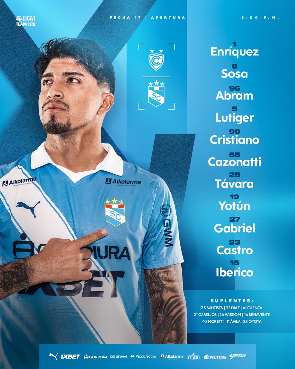 ClubSCristal's tweet photo. Así forma la Celeste para enfrentar a Cienciano 💪

¡VAMOS, MUCHACHOS! 

#FuerzaCristal https://t.co/2LQj0J4sMY
