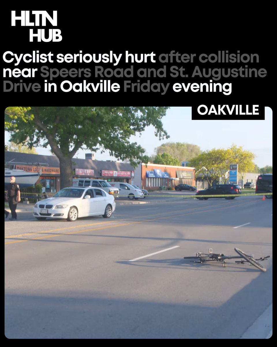 HaltonHub's tweet photo. Halton Regional Police are investigating a serious collision near Speers Road and St. Augustine Drive in Oakville after a 43-year-old male cyclist was struck by a white sedan on May 29 at approximately 6:51 p.m.

The cyclist was transported to an out-of-region trauma hospital with serious injuries. Due to the severity of the collision the Collision Reconstruction Unit has taken carriage of the investigation. The cause of the collision remains under investigation.

Wishing the cyclist a full recovery.