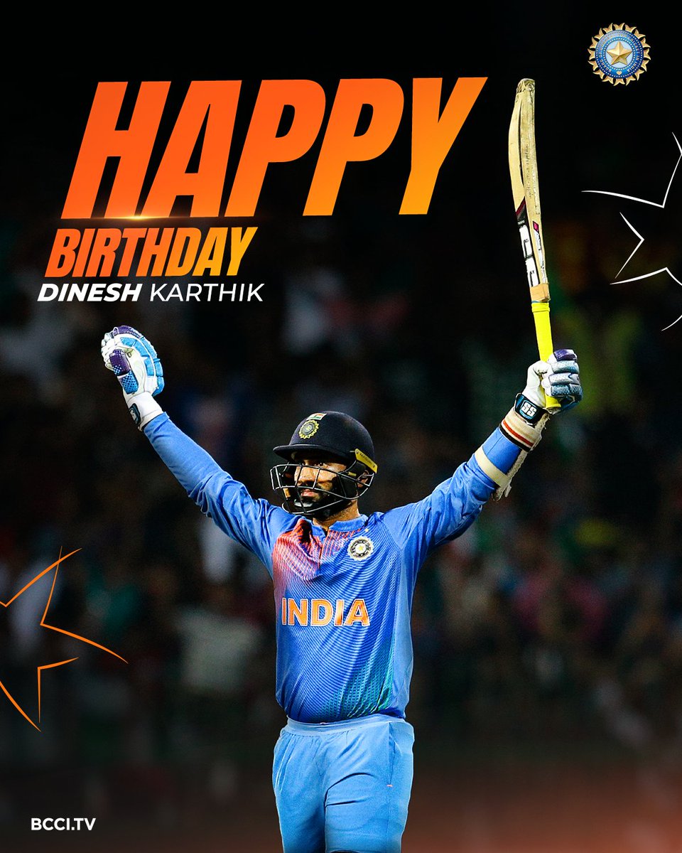 BCCI's tweet photo. 1️⃣8️⃣0️⃣ international matches 👏
3️⃣4️⃣6️⃣3️⃣ international runs 🙌

Winner of ICC Men's T20 World Cup 2️⃣0️⃣0️⃣7️⃣ and ICC Champions Trophy 2️⃣0️⃣1️⃣3️⃣ 🏆

Here's wishing former #TeamIndia wicketkeeper-batter Dinesh Karthik a very happy birthday 🎂🥳

@DineshKarthik https://t.co/6tBfON0UD5