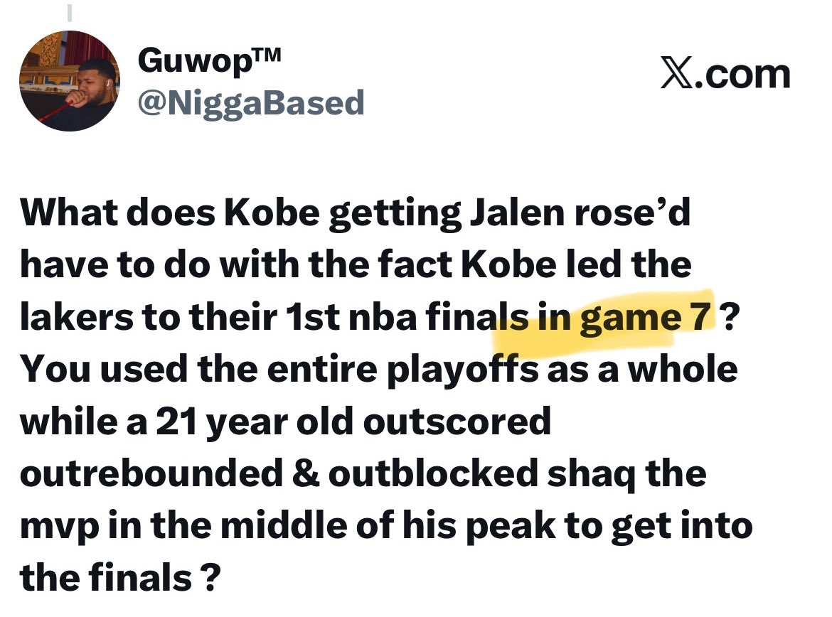 NiggaBased's tweet photo. @TheProfitChile @Yn19st @nateryansports I Clearly said G7 my point still stands. Kobe outscored outrebounded &amp; outblocked Shaq to get into the nba finals &amp; you telling me Shaq led the way while being outperformed by a 21 year old in the deciding game in which they made the finals or  in the middle of his peak 🤣🤣😭 https://t.co/ZZM1uP76Lj