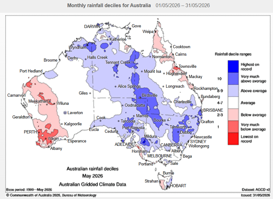 MarketCheck1's tweet photo. 🌧️May rainfall is now in the gauge &amp; for many, it was welcome. The market fell in the north as a result, with central &amp; NNSW/SQLD receiving reasonable rain which will see additional acres planted. 

WA had a tough May, however received some rainfall overnight which will help. https://t.co/LWJI6Ra6nD
