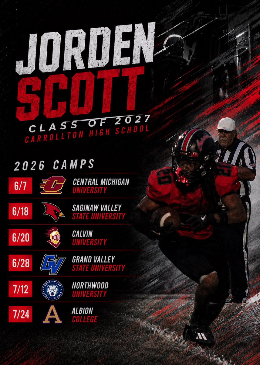 jjordenscott's tweet photo. Summer camp schedule ready to earn every opportunity this summer. Looking forward to competing, improving, and proving myself at each camp. WR/RB/DB | Carrollton HS | C/O 2027 @RICO_WALLACE @CoachCJGermany @CoachJBurgess1 @CoachArnoldJR @wtjr_19 @BTSherman1 @AlbionFootball @gvsufootball @CalvinKnightsFB @svsu_football @Northwoodfball