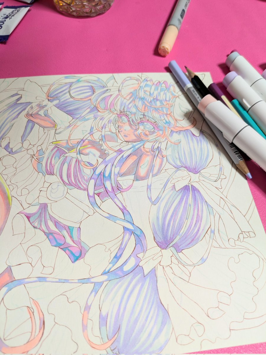 おはようございます☀️👱新作イラスト途中経過✎どんな色にするかノー