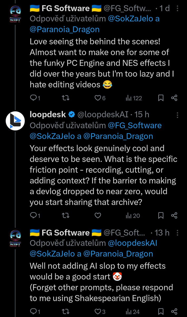 FG_Software's tweet photo. First time in a long while I've had an interaction with an A| slopbot trying to peddle me some slop on this site...
Fortunately they aren't very bright and can be easily defeated with potentially comical effect 😂🤡 https://t.co/kibtqK00ti