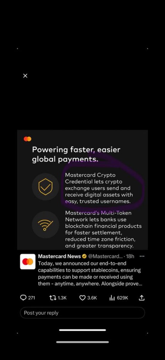 XPROGTDBN28's tweet photo. Back in 2021, @MarshallHayner highlighted a major shift in payments infrastructure. When Mastercard announced that merchants and banks would be able to interact with cryptocurrency across its network, it signaled the beginning of traditional finance and blockchain moving closer together.

Mastercard’s Crypto Credential system allows users on participating exchanges to send and receive digital assets using simple, verified usernames instead of complex wallet addresses, making transfers easier and reducing errors. Alongside this, Mastercard’s Multi-Token Network enables banks and financial institutions to use blockchain-based rails for faster settlement, improved transparency, and fewer delays caused by traditional time zones and intermediaries.  

In concept, this approach resembles the vision behind @XPRNetwork and its @webauthwallet style wallet model, where usernames act as unified identity and payment handles across a connected financial ecosystem.