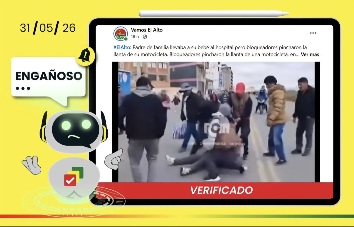 BoliviaVerif1ca's tweet photo. 🚨Video de un padre agredido mientras llevaba a su hijo al hospital no corresponde a los bloqueos actuales🚨
Lee la verificación completa 👇🏻👇🏻
https://t.co/OgU3kjSpwi
#BoliviaVerifica #Engañoso https://t.co/aFOpzDJBrg