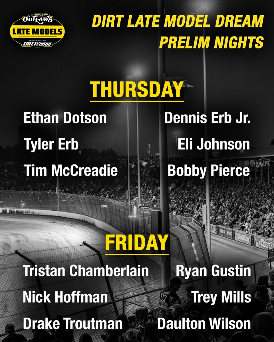 WoOLateModels's tweet photo. Dirt Late Model Dream prelim night rosters have been released!

Here's when you can catch our guys in action at @EldoraSpeedway this week 👇 https://t.co/YAbmNN8p0E