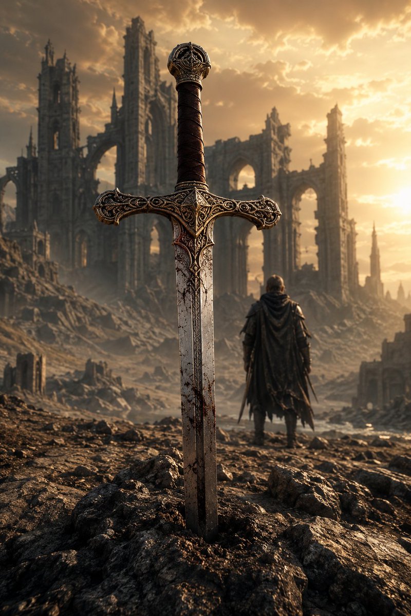 Medieval Fantasy Sword in Apocalyptic Landscape