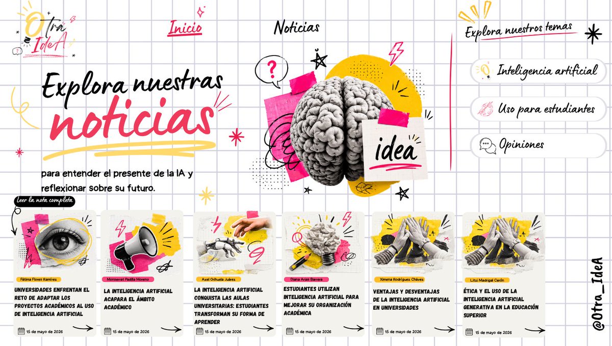 Otra_IdeA_'s tweet photo. 🧠💡 Hoy compartiremos una serie de notas sobre IA, educación y creatividad.

📖 Mantente pendiente a partir de las 7:00 p. m. porque estaremos publicando una nueva nota cada hora.

¿Qué tema te interesa más? 👇

#IA #Educacion https://t.co/BJdLFf61Xw