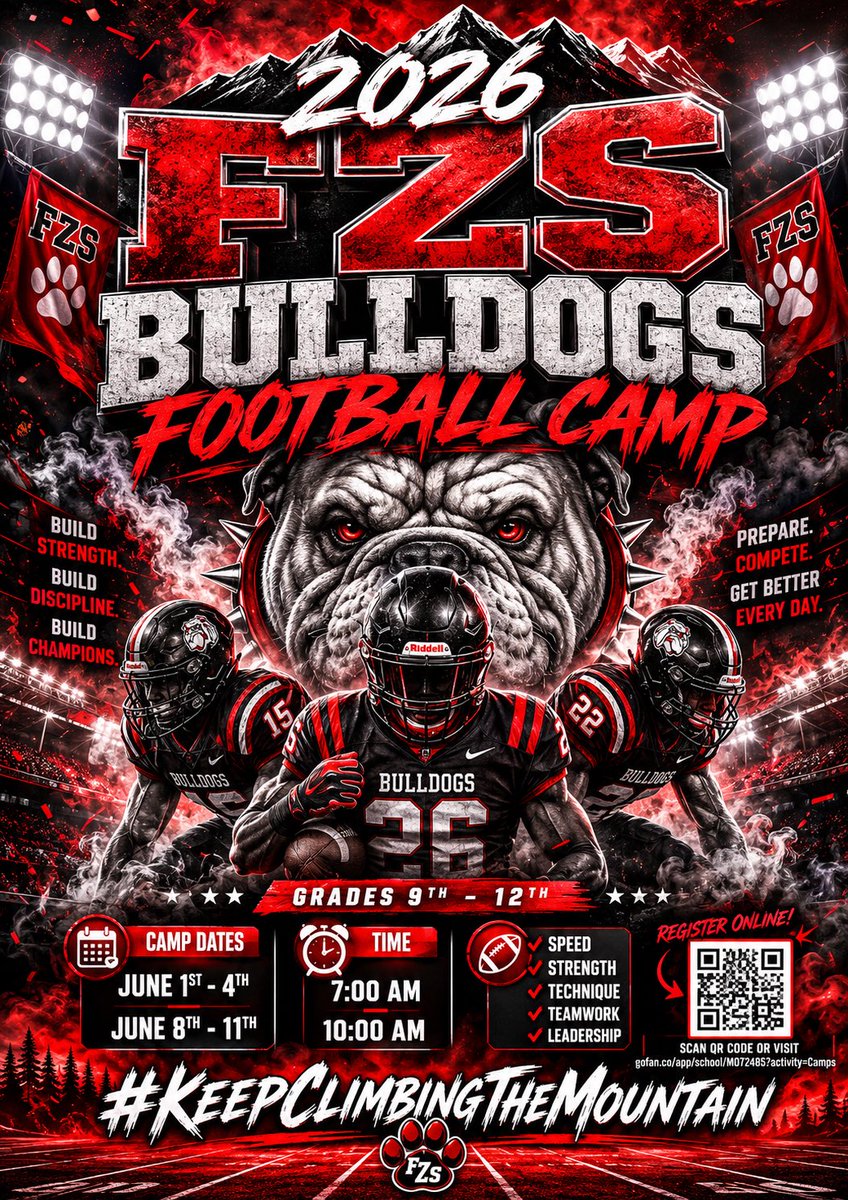 revhenderson's tweet photo. 1st Day of FZS Football Camp is here! See you Dawgs tomorrow morning! Let’s climb this mountain. @FZS_Football @FZSJrBulldogs #WeBuiltDifferentOnTheSouthSide https://t.co/vqynwWqNDq