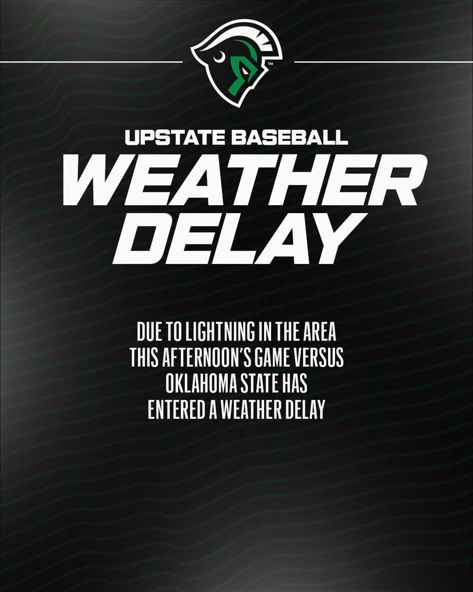 UpstateBSB's tweet photo. 🚨 WEATHER DELAY🚨

Due to lightning in the area, today's game versus Oklahoma State has entered a lightning delay.

#SpartanArmy ⚔️ https://t.co/lFPDwLbi2h