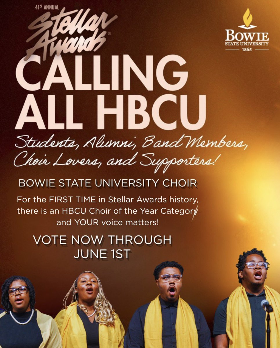BowieState's tweet photo. Voting ends tomorrow!

The BSU Choir, under the direction of Brandon Felder, is nominated for HBCU Choir of the Year at the Stellar Awards. Help bring it home to Bowie State — vote now at https://t.co/sHl0qXEnoC. https://t.co/dTuXDnmfSV