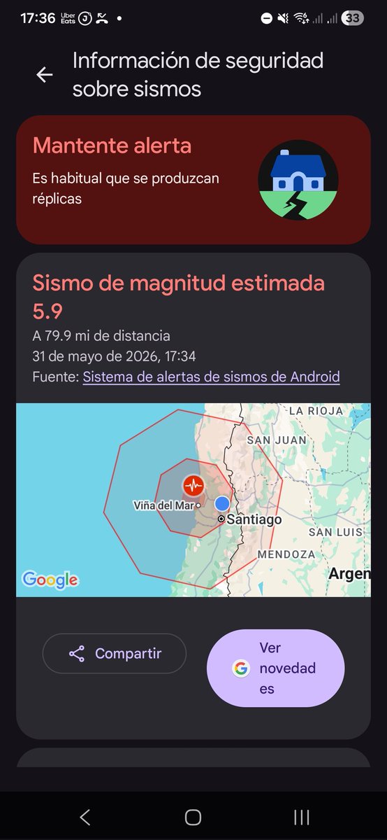 Alohran's tweet photo. Recién sonaron las alarmas de los celulares y las tablet de la casa. Reconozco que me urgí pensando que era algo más potente.
Notable el servicio en todo caso... y fue bien cerca! https://t.co/4VUWal4fLb