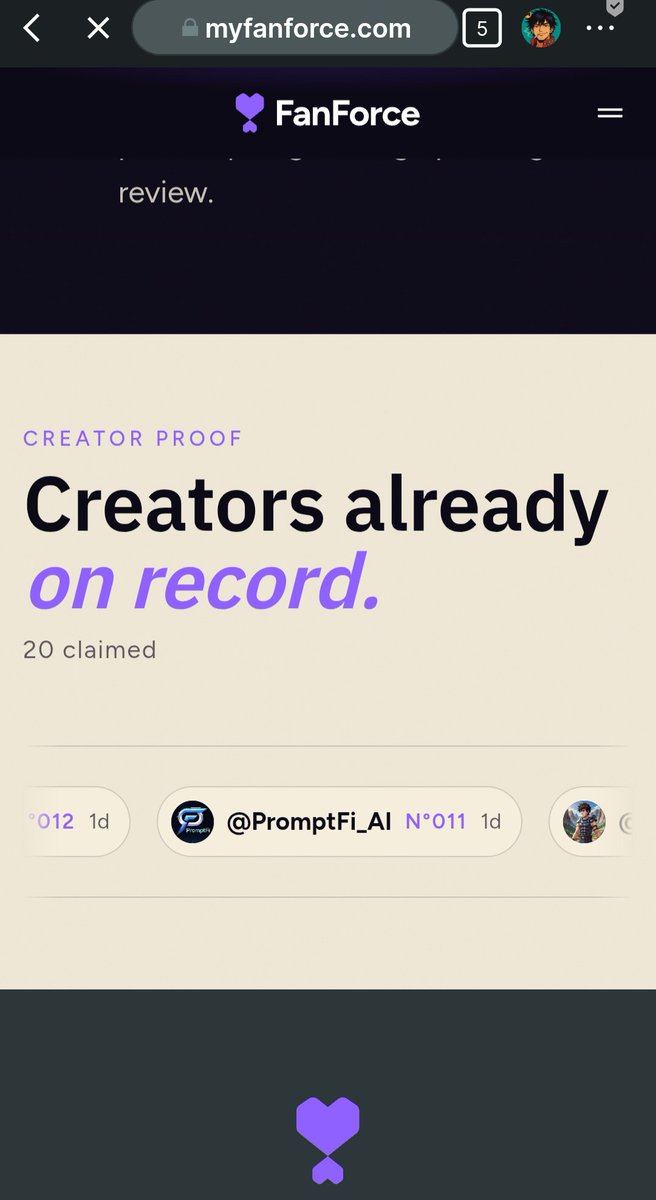 PromptFi_AI's tweet photo. Just joined the early creators on record at @myfanforce!
Proud to be Nยฐ011 with only 20 claimed so far. The platform is shaping up strong!
Big things coming for creators ๐
Check it out ๐ https://t.co/jUbyJYWqJR
#MyFanForce #CreatorProof https://t.co/7SbcSyNUDN
