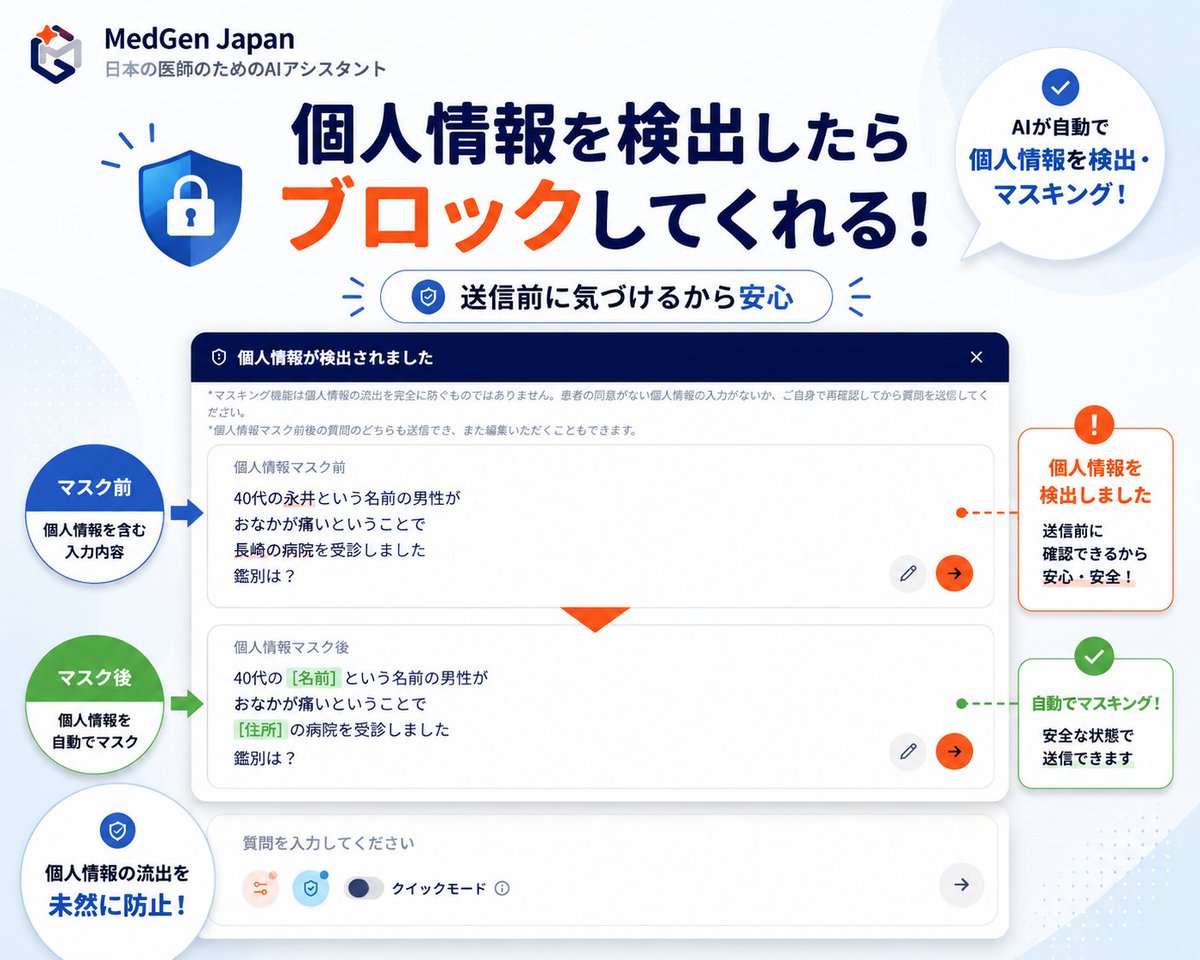 yukina_minhos's tweet photo. MedGen Japanが
☠プロンプト内の個人情報をブロック
これ、結構画期的📢📢
いわゆる定型的な「個人情報」しか検出できないけど
✅自分のパソコンのアプリ内でプロンプトチェック
✅インターネットにも載る前
✅MedGen Japanの会社も情報収集しないことを表明
これが保障されるのは個人情報を扱う可能性がある人には安心
※AIに情報を入力するのは、個人情報や機密情報含めて、入力者の責任です
※いわゆる名前や住所などの「定型的な個人情報」をブロックしてくれますが、「個人を特定できるすべての情報」をブロックしてくれるわけではありません
※この投稿はNihin Mediaさんの支援をいただいています