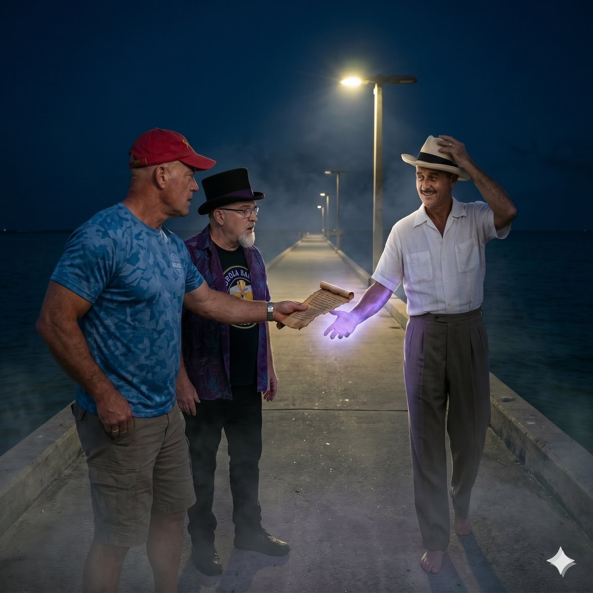 LoquaciousLive's tweet photo. The clock strikes twelve on wooden stone, 
The captains do not stand alone. 
A linen shirt, a Panama brim, 
The midnight mist surrounds him. 
A ghostly name spoken clear, 
The first creator closes near.

The Narrative: Chapter 2 — Post 3 of 5

Sage let off the brake, and the white TRD rolled backward out of the parking space. The engine roars to life, its headlights cutting through the heavy night time humidity. The truck pulls out of the gravel lot, its taillights vanishing down the dark, palm-lined Key West Avenue headed toward the Knight Pier.

Sage & Hatter stood end the concrete walkway of the pier, face tense with realization, Sage glancing at his watch. The analog watch reads 12:00 midnight. In the background, on the square tarmac at the end of the pier the glowing silhouette of a man dressed in a white linen shirt, 1940’s era trousers & straw hat stands perfectly still under the flickering pier light.

Sage's voice was deep, gritty, and flat. "Are you... Donn? Donn the Beachcomber?"

The mysterious figure tilted his Panama hat up, a knowing smile breaking across his face. He was wearing a classic, short-sleeved white linen shirt and 1940s-style tailored trousers.
"Sage... your historical knowledge serves you well," Donn said, a smooth, old-Hollywood swagger in his warm chuckle.

Hatter and Sage stood awe-struck, the salty air suddenly stuck in their lungs. Only one question echoed through the silence of their minds: How the hell did this ghost know Sage’s name?

Donn steps forward, his eyes locking onto Sage with intense focus. He extends his hand, which is emitting a faint, ethereal, supernatural glow. "I've been expecting you. Do you have the scroll?"
Sage reaches into his cargo shorts pocket, pulling out the weathered, ancient scroll they took from Salty's cellar. He extends it, and the moment the parchment meets Donn’s glowing hand—the world shifts.

👉 The exchange has been made. Next post drops in a few hours—don't miss the ignition.  Follow us on the Loquacious Rum Odyssey

💬 He knows his name. How do you think Donn the Beachcomber is tied to Salty and the scroll? Give us your wild theories below! 🏴‍☠️🔮

#LoquaciousRumOdyssey #TikiHistory #Rum #Tiki #Storytelling