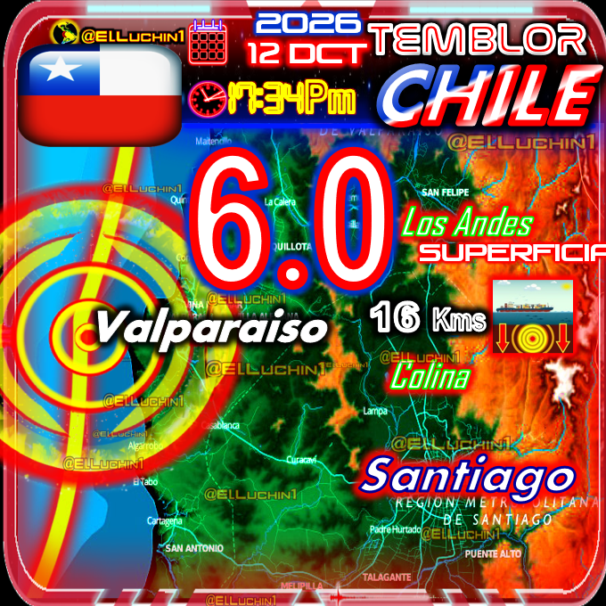 elluchin1's tweet photo. 🇨🇱➡Alerta 🛐 Region Metropolitana
Fuerte #Sismo🔴 6.0⚡Agencia EURO
al Suroeste de Valparaiso 
Sentido en Viña del Mar Chile🇨🇱
SUPERFICIAL 🔰
#Temblor #Terremoto Pulso Ciudadano https://t.co/9qmJstqC0H