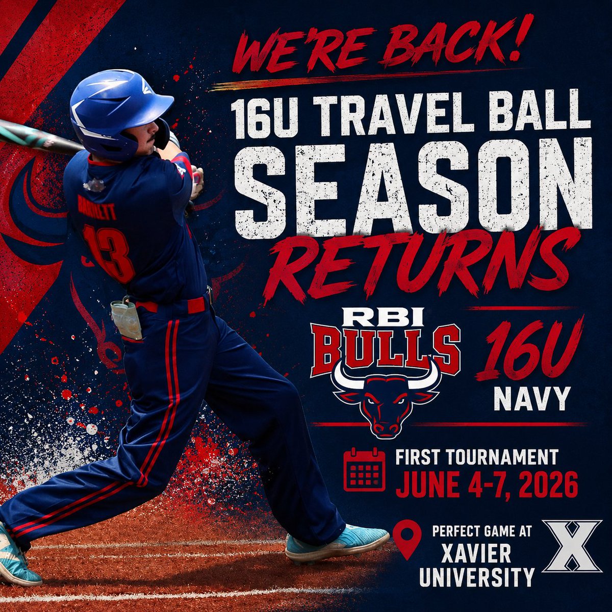 IsaacBurnett28's tweet photo. Travel Ball season is BACK!
RBI Bull 16U Navy kicks off the summer, June 4โ7, at the Perfect Game tournament hosted at Xavier University. Time to compete, grind, and improve!
@rbibullsbaseba1 @PG_Tourney #BaseballSeason #16UBaseball @BaseballOCHS @OCColonelNation https://t.co/mKQJDVa0Fu