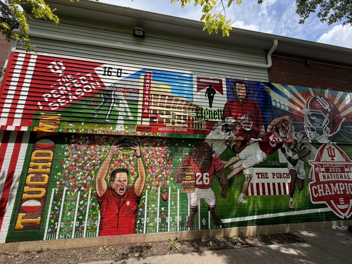 ColinMcMahon31's tweet photo. ICYMI: The #iufb mural at the people’s park on Kirkwood has been completed.

Tons of detail, and will be a fantastic remembrance of the 16-0 national championship team in the heart of Bloomington. https://t.co/ixiL8Phk2N