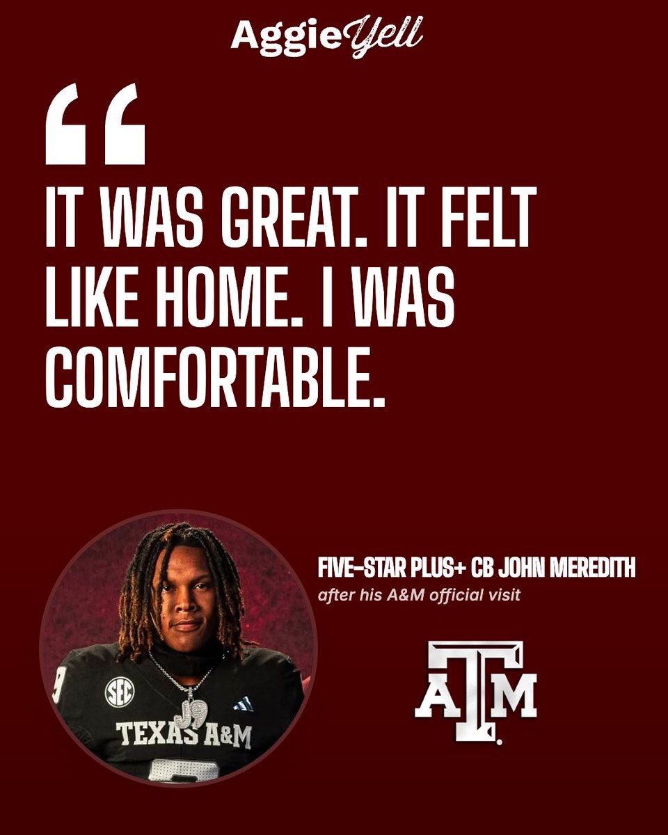 JosephAHastings's tweet photo. “It felt like home.”

Five-Star Plus+ CB John Meredith (@JOHN_MEREDITH2) details Texas A&amp;M official visit, time with the commits and players, and more 👍

He also discusses what’s next in his recruitment with @AggieYellOn3 👇

🗞️: https://t.co/zARM8Q2q7l ($) #GigEm https://t.co/seUBat2H0E
