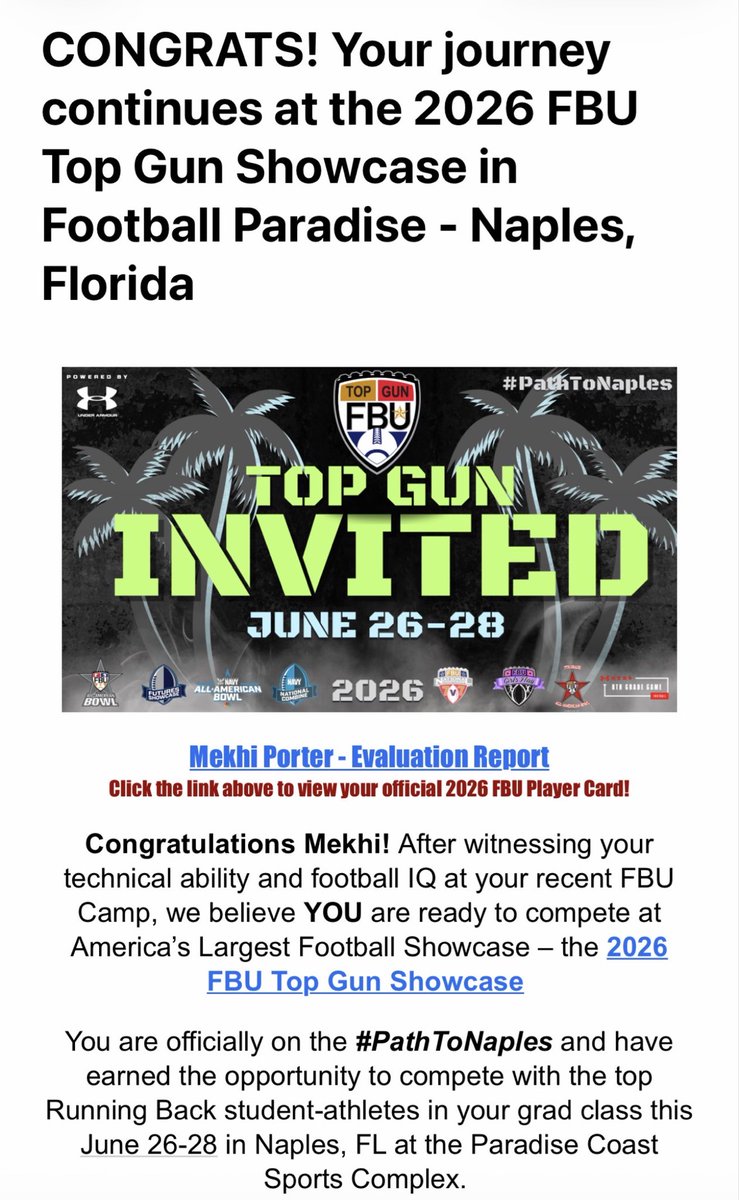 Mekhiporter49's tweet photo. ✅ Selected for the All-Camp Team at the @FBUcamp in Jacksonville, FL 🏈
✅ Invited to the Top Gun Showcase in Naples, FL 🎟️ 
✅ Met Mr. @stevequinnFBU 🤝 
✅ Earned 4⭐️ Rating 💪🏽
✅ Recognized as an addition to the All-American Watch List 📋

GOD is Amazing! 🙏🏽 #PathToNaples https://t.co/lqw2xU8LtO