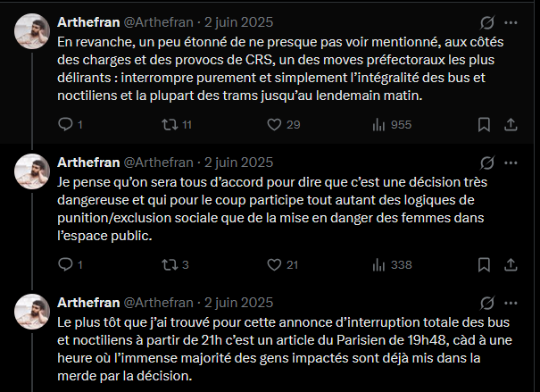 Arthefran's tweet photo. Rebelote de l'an dernier, pas grand monde pour relever que l'interruption des transports en IdF un samedi soir en début de nuit est de très loin la chose qui a mis le plus de monde en danger hier soir, et de manière totalement indiscriminée et arbitraire. https://t.co/t1b6OWWT60