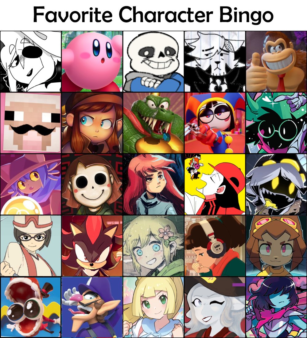 TrueAstern's tweet photo. I made a Favourite Character Bingo.

Not necessarily final and could always change at anytime, this is just my current list of relatable characters. https://t.co/9qpyomiqoT