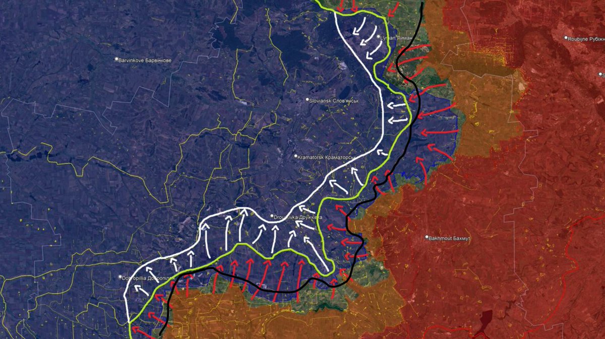 clement_molin's tweet photo. A thread worth reading to understand the current situation on the frontlines.

I made some scenarios for Donbas in january :

🔹Optimistic scenario for Russia :
-> Reach Druzhkivka by mid-year while investing in Kostiantynivka and Lyman
-> Reach Kramatorsk and Sloviansk by the end of the year, after capturing the three previous cities
-> Possibility of advancing to capture Dobropilla, but it would take several months to take the city.

(no Drujkivka, Lyman or Dobropilla offensive yet, Kostiantynivka holding longer than thought)

🔹Scenario 2 : pessimistic for Russia

-> The Druzhkivka sector held firm, Kostiantynivka fell late, the Ukrainians held east of Kramatorsk, no advance to the west
-> The Battle of Druzhkivka began late, the town resisted attempts at encirclement, the Russians only took Lyman late, and the Battle of Kramatorsk did not begin that year.

That's what is currently happening. The situation in January was much more difficult than it currently is. The fall of Kostiantynivka (probably in the summer) will not be a big victory for Russia, since it is not ready for the next battle (no Drujkivka offensive yet, no push to Lyman, no direct control on supply roads leading to the city). It may really look like the situation in Toretsk last summer.

Situation elsewhere is not much better, apart from Huliaipole where Russia can hope to push the frontline a bit thanks to massive strikes.

Map I made in january (least optimistic one for Russia, with in red the expected mid-year advances (still one month to go) and in white the second part of the year advances (black is current frontline). Even with this scenario, Kramatorsl battle will not start in 2026, which means the war will continue at least 1 (maybe 2) years more (unless some political decisions or unexpected changes).