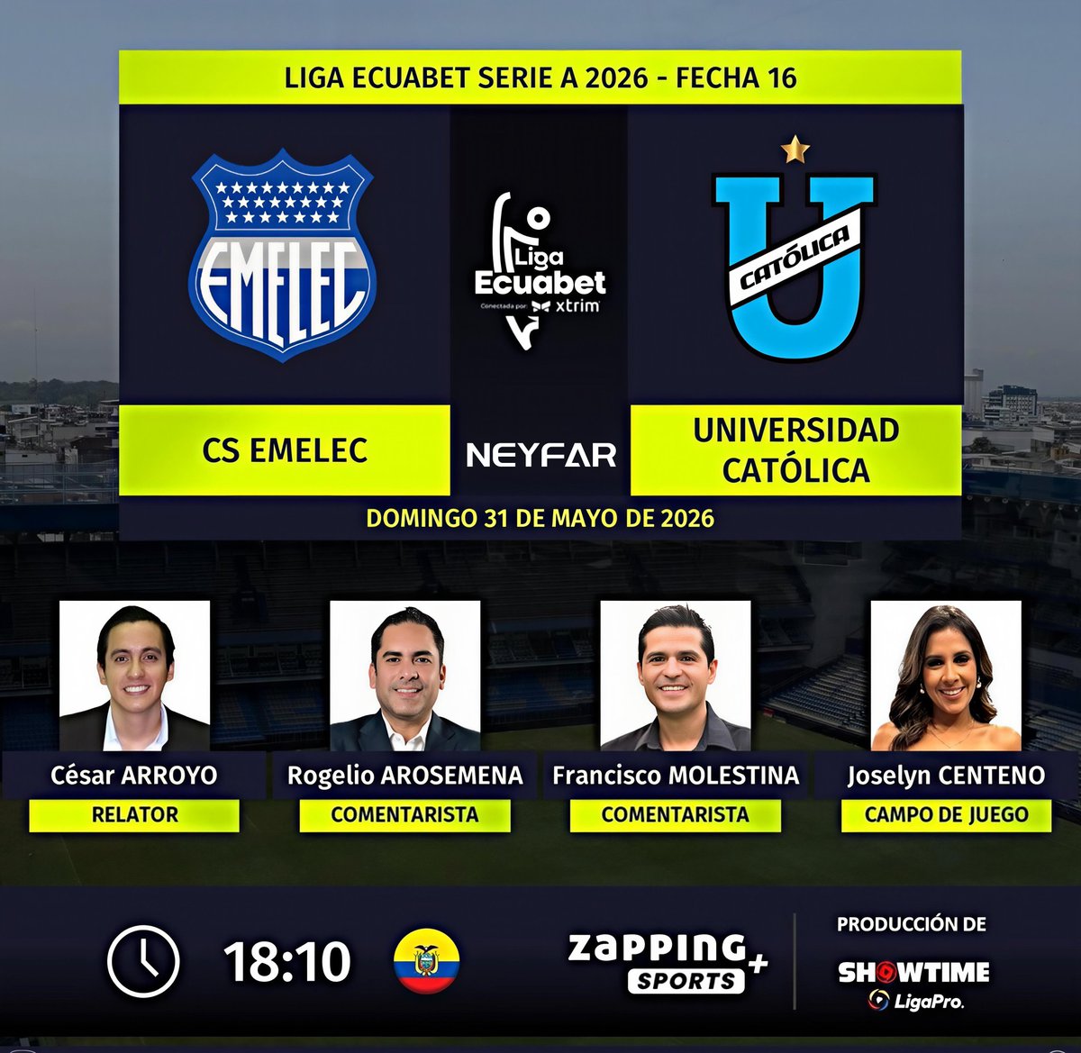 neyfarshop's tweet photo. ⚽ #LigaEcuabet 🇪🇨 | #Emelec vs. #UCatólica
🎙 Relator: @carroyos 
🎙 Comentaristas: @Rarosemena11 - @fmolestinae
⛳️ Campo de juego: @Joselyncentenob 
💻📱 #ZappingSports + 🇪🇨 (Canal 16)
🤳 #ZappingPremium
NEYFAR 🔃 https://t.co/bZUD9vKu3G