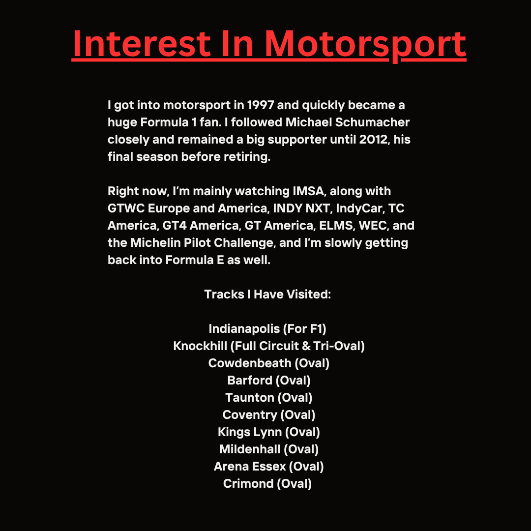 satracingcast's tweet photo. I'm Ryan and I thought I would do a brief introduction about myself. Check out these slides for some basic information about me.  

You can also follow me on social media:  
Instagram - ryan.walker.1988
Twitter - rwsimracing https://t.co/N0Rc1HSo5O