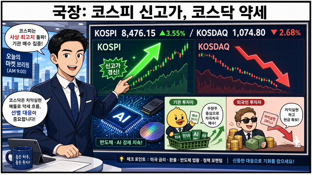 bincompleteness's tweet photo. 6월이 밝았습니다!
이번주 이번달도 파이팅 하시고,
지난주 마감장 리뷰하면서 시작하세요!

1) 국내장
• 코스피 8,476.15, +3.55%
• 코스닥 1,074.80, -2.68%
• 오늘 관전: 코스피는 반도체·AI 대형주 중심 과열 지속 여부, 코스닥은 소외/차익매물 방어가 핵심.

2) 미국장
• 다우 51,032.46, +0.72%
• S&P500 7,580.06, +0.22%
• 나스닥 26,972.62, +0.20%
• 3대 지수 모두 강세권. 기술주·AI 기대가 지수 상단을 밀어올린 흐름.

3) 국제정세
• 미·이란 협상 기대가 위험선호를 살렸지만, 호르무즈 해협 운송 리스크는 여전히 유가·물류 변수.
• 러시아-우크라이나 장기전도 에너지·제재·무역정책 리스크로 잔존.

4) 유가·원자재
• WTI $87.36, -1.73%
• 브렌트 $91.12, -2.76%
• 금 $4,593.00, +2.08%
• 구리 $6.389, -0.11%
• 유가는 지정학 프리미엄 일부 완화, 금은 안전자산 수요가 붙은 그림.
