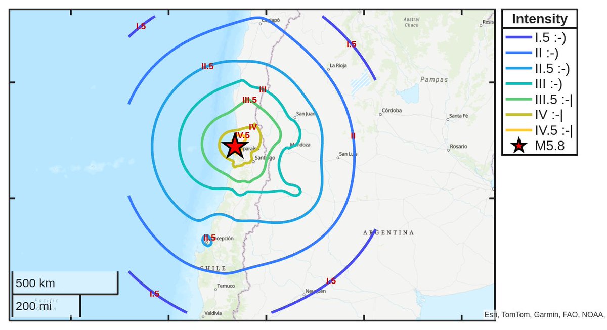 SismoDetector's tweet photo. Mapa de intensidad del #sismo M5.8 ocurrido a las 21:34:19 (UTC) con epicentro a 26 km de #Viña, Chile. Descarga la app Sismo Detector desde https://t.co/jS9crK4Riw para recibir alertas en tiempo real en tu smartphone https://t.co/E866kpvaVu