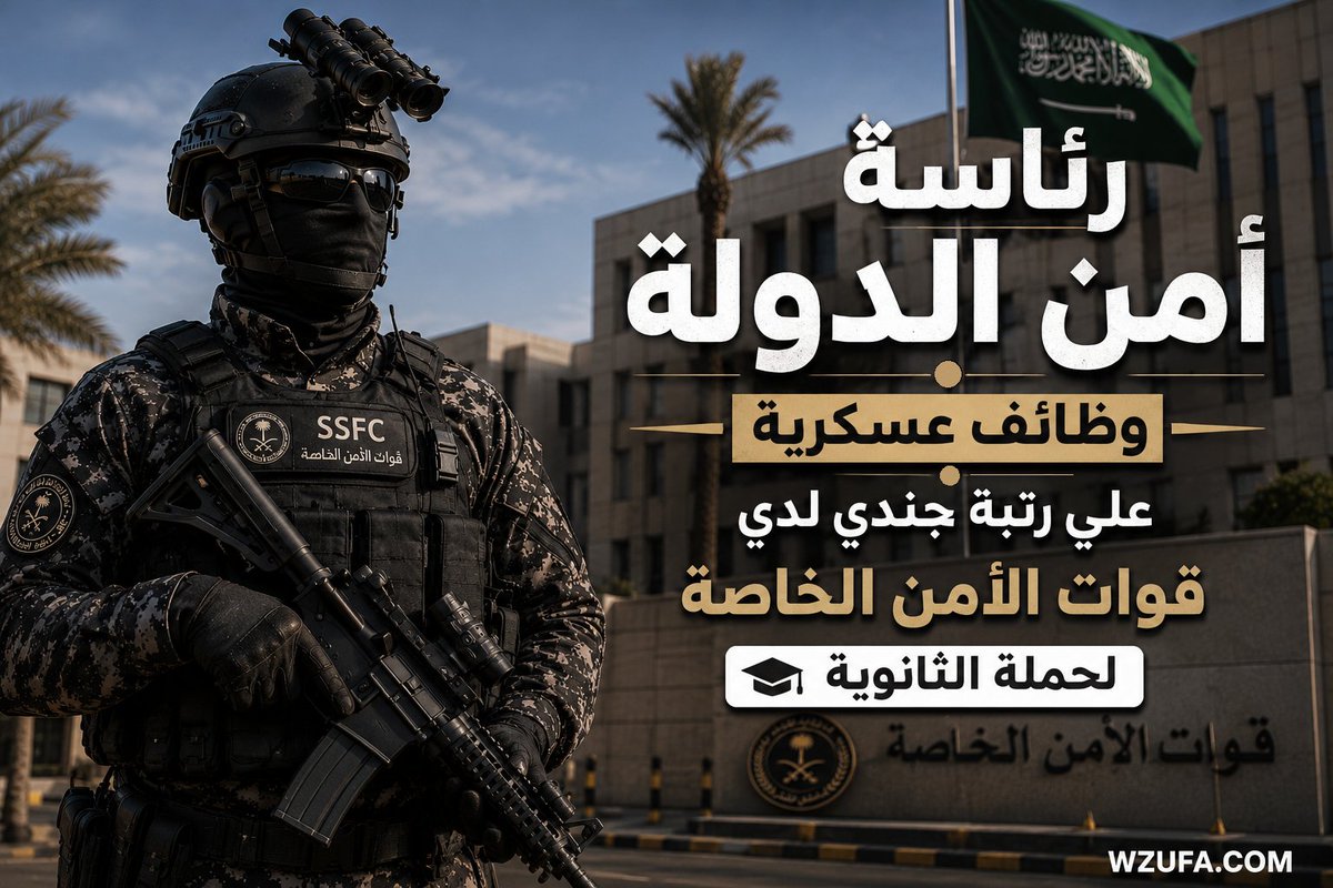 wzufa's tweet photo. 🟢 رسمياً: رئاسة أمن الدولة تعلن فتح القبول والتسجيل برتبة (جندي) في قوات الأمن الخاصة لحملة الثانوية 1447

⏱️ موعد التقديم: السبت 1447/12/20هـ

👇 الشروط، رابط التقديم المباشر، سلم الرواتب:

🔗 [https://t.co/6uWS21NCCG]

#وظائف_عسكرية #أمن_الدولة #أبشر_توظيف #قوات_الأمن_الخاصة https://t.co/svPr1L3qQC