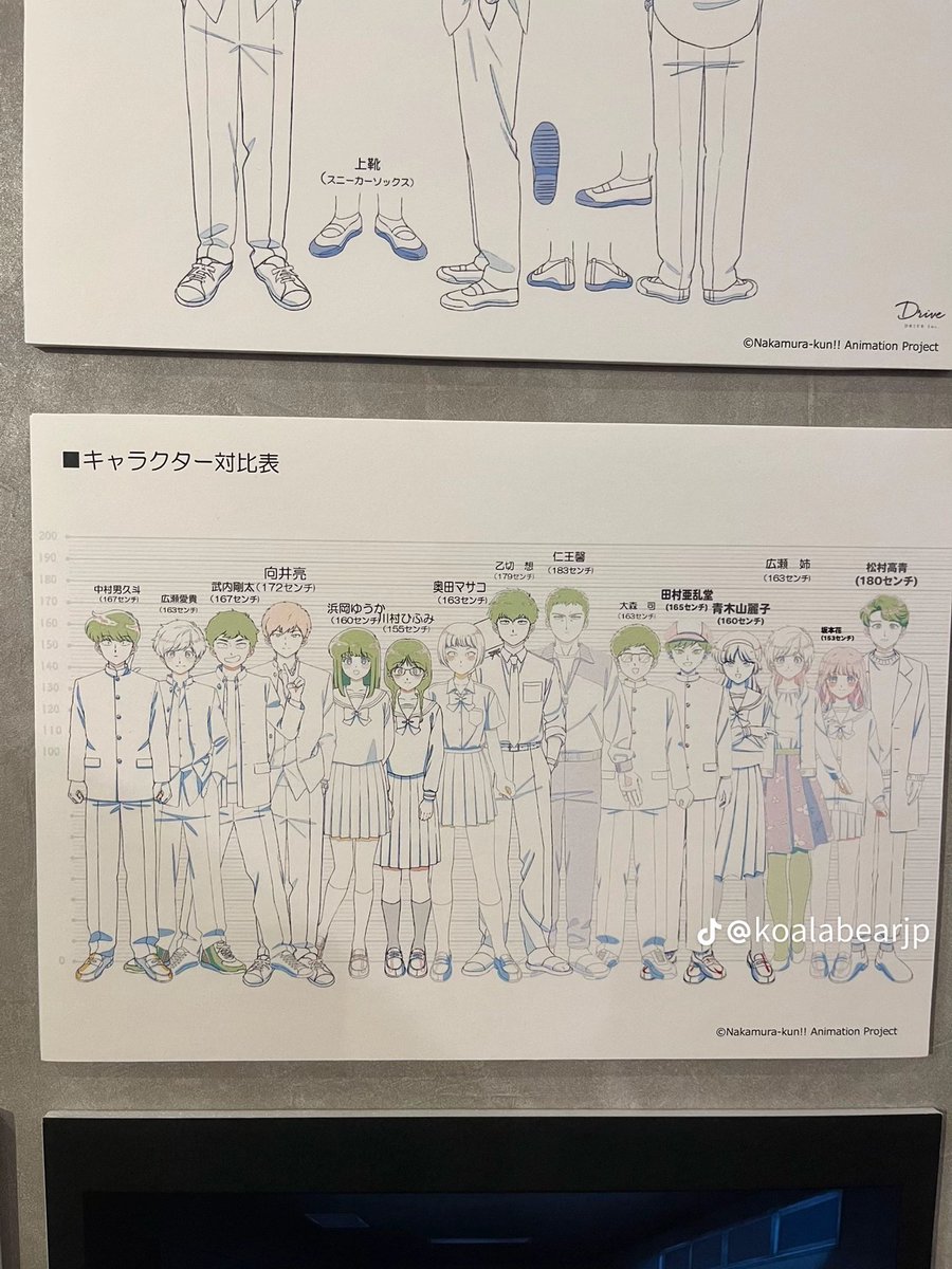 konaikitsukitsu's tweet photo. Encontré en Tiktok que hubo un mini museo de #ganbarenakamurakun y quiero compartirles esta foto con las estaturas de los personajes https://t.co/2MSMMw2gBo