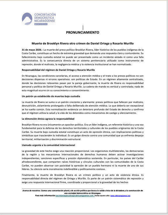 CDNicaraguense's tweet photo. Para @CDNicaraguense "La muerte de Brooklyn Rivera es un crimen político y un acto de violencia étnica. Es responsabilidad directa del régimen de Ortega y Murillo, parte de un patrón sistemático de represión. "Exigimos una respuesta internacional firme, coordinada y proporcional a la gravedad de los hechos", señala el pronunciamiento. @StateDept @SG_OEA_OAS @SecRubio @MaElviraSalazar @OEA_oficial