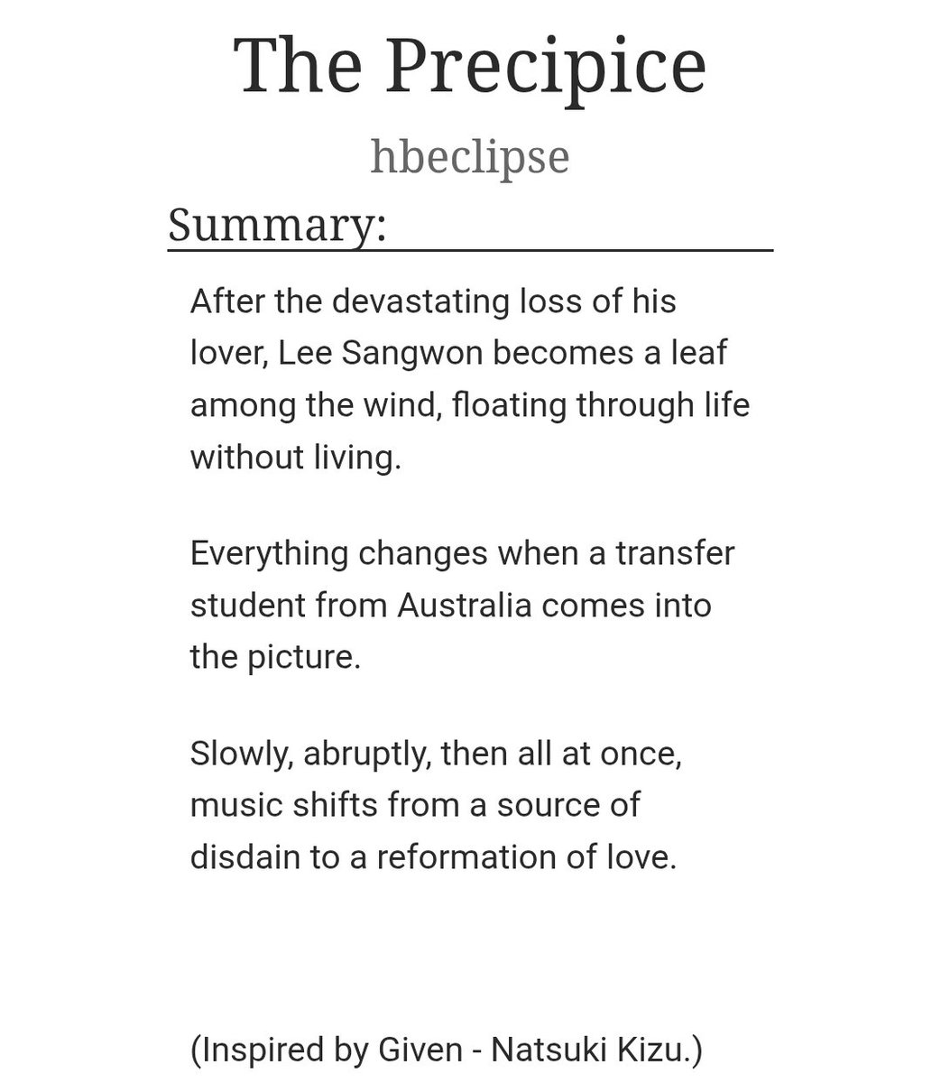 hbeclipse's tweet photo. 🎸 The Precipice 🎸

—  Leowon AO3 Fic AU
— Lyricist Sangwon
— Band Leader Leo
— Past Geonat 
— Side Haoseo
💿 Inspired by Given by Natsuki Kizu.
. . . by hbeclipse.

🧷 https://t.co/76N9mOkbJW https://t.co/87ZZ5w4eJm