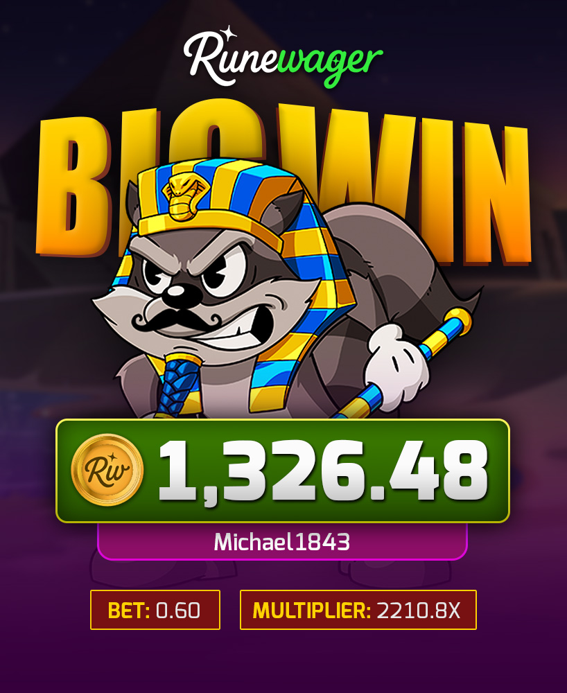Runewagercom's tweet photo. Michael1843 hit $1,326.48 with a 2210.80x multiplier on Le Pharaoh! 🐾👑 

He gets $5 just for this big play! 

🔁 + RW for a chance to win 💸 https://t.co/Z9Xm0B2tdo
