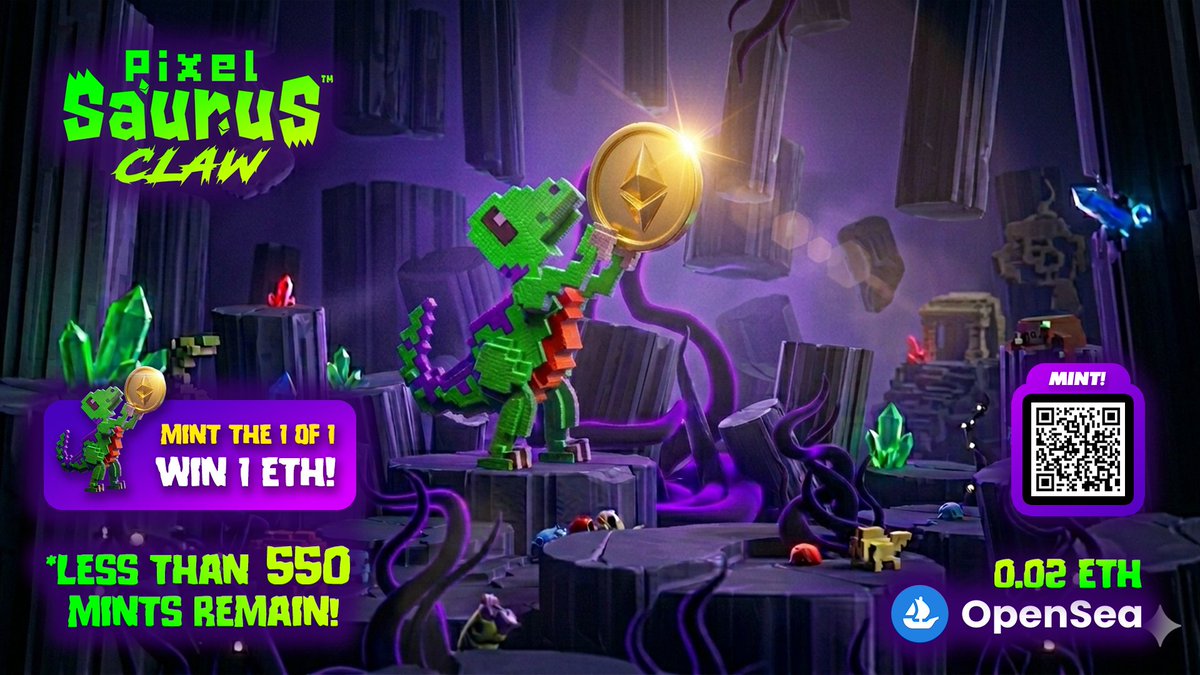 PixelSaurus's tweet photo. The 1 ETH bounty is CLOSE! 😱💰🦕🦖🌋

Mint a PixelSaurus® Claw and if you pull the 1of1 Mythical Claw, you'll be instantly airdropped 1 ETH!

MINT a PixelSaurus® Claw on OpenSea | 0.02 ETH 👇
🔗  https://t.co/B2Fw9CWUpC https://t.co/tWQiGYKWj7