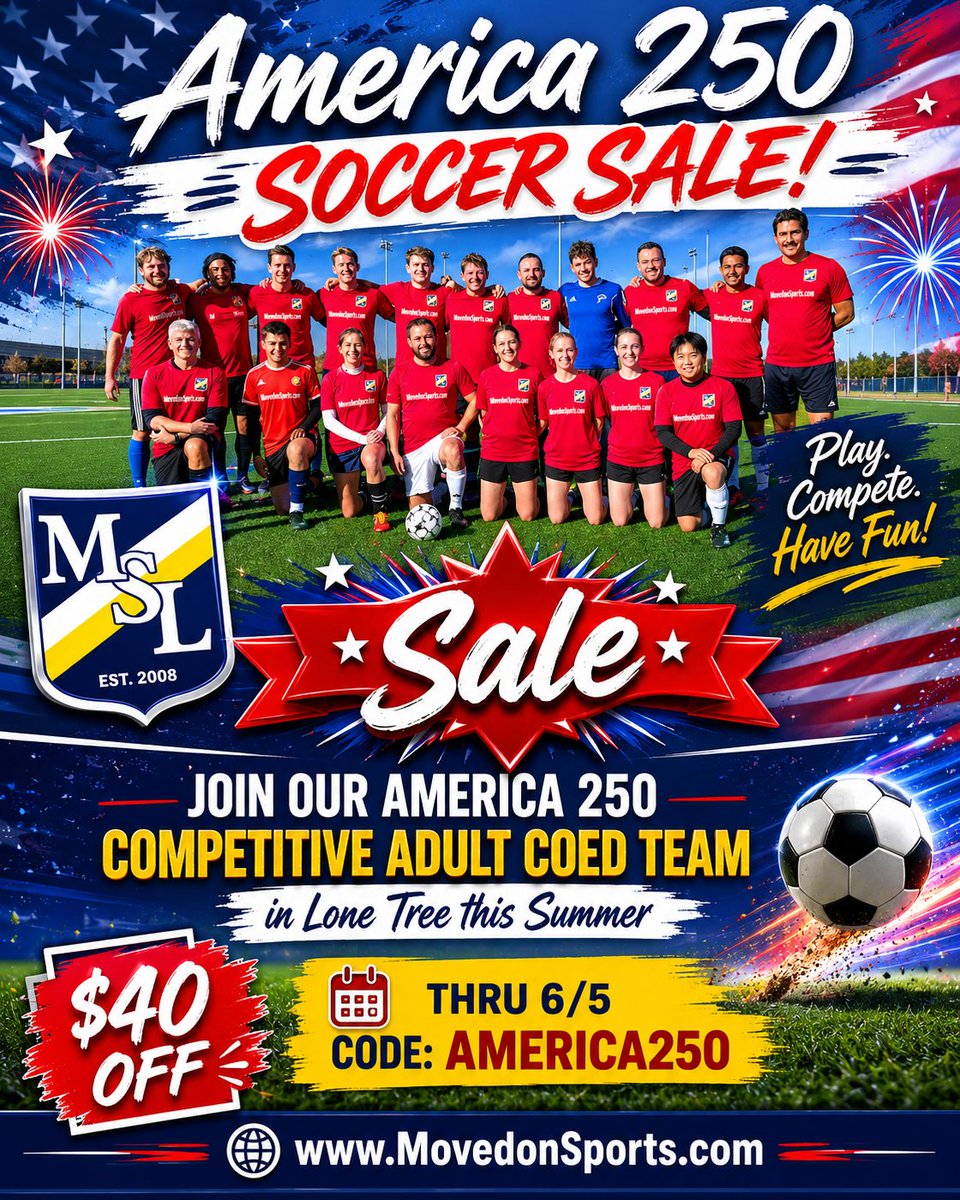 RobSigmon's tweet photo. Denver's #1 Real Adult Coed Soccer League invites you to celebrate America's big birthday with us on the soccer field in Lone Tree this summer!

Save $40 with Code: AMERICA250 on player registrations thru 6/5 (Competitive League Only).
https://t.co/2AtQ37HowG

Full 11x11 grass fields, 90 minute games and certified referees in an 8 week league with players 16+. 

Season Starts 6/7 #Soccer #AdultCoedSoccer #WorldCup #MLS #ColoradoRapids #FIFA #MSL #USMNT #USWNT #DenverSoccer