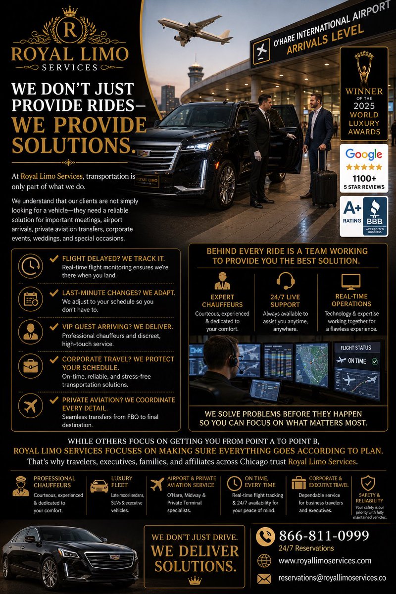 Royallimoservcs's tweet photo. Most transportation companies focus on getting you from Point A to Point B.

At Royal Limo Services, we focus on everything that happens in between.

We are not just a limousine company—we are a transportation solutions provider.

Whether it’s a CEO heading to a critical meeting, a family catching an international flight, a private aviation client arriving at an FBO, or a corporate team managing complex travel logistics, our job is much bigger than simply providing a vehicle.

We monitor flights in real time.
We adapt to last-minute schedule changes.
We coordinate airport arrivals and departures.
We support executive assistants, travel managers, and event planners.
We provide 24/7 professional service designed to eliminate stress and create certainty.

Transportation isn’t just about the ride. It’s about reliability, communication, planning, and execution.

That’s why clients throughout Chicago and beyond trust Royal Limo Services to deliver solutions—not excuses.

When every detail matters, choose a transportation partner that understands your mission, protects your schedule, and represents your brand with professionalism.

Because at Royal Limo Services, we don’t just drive.

We deliver solutions.

👑 Royal Limo Services
🏆 Winner of the 2025 World Luxury Awards
⭐ 1100+ Five-Star Google Reviews
🛡️ A+ BBB Rating

#RoyalLimoServices #TransportationSolutions #ChicagoLimoService #ExecutiveTransportation #CorporateTravel #LuxuryTransportation #BlackCarService #AirportTransportation #OHareAirport #PrivateAviation #FBOTransportation #ChauffeurService #BusinessTravel #ExecutiveTravel #LuxuryTravel #CorporateMobility #TravelManagement #CustomerExperience #ProfessionalChauffeurs #TopRatedChicagoLimoService 👑🚘