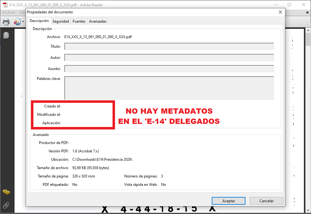 DAVIDRINCON2848's tweet photo. Vuelve y se repite la irregularidad de los ficheros informáticos E-14, no tiene ningún metadato los archivos PDF de los E-14 DELEGADOS, tampoco tiene firma electrónica PKI:

Municipio: "VALENCIA"
Departamento: "CÓRDOBA"
Mesa: "43"
Puesto: "01"
Lugar: "INSTITUCIÓN EDUCATIVA NUESTRA SEÑORA DEL ROSARIO"
Archivo PDF: "E14_XXX_X_13_061_000_01_000_X_XXX.pdf"
Fijación Hash SHA512: "F2 CC CE CF DC AE 18 11 33 21 10 35 65 AE 00 9B 30 DE 29 A4 73 2D AD 58 63 57 5A B9 62 24 3B 01 D0 CB 92 CD 52 C6 39 48 9C 41 09 DF 12 78 8B 48 B6 DE 98 98 CE 7B B2 23 8D CE 36 5A BD 36 CB A0"
"Descargado del sitio web: "31-Mayo-2026 a las 16:17:09"