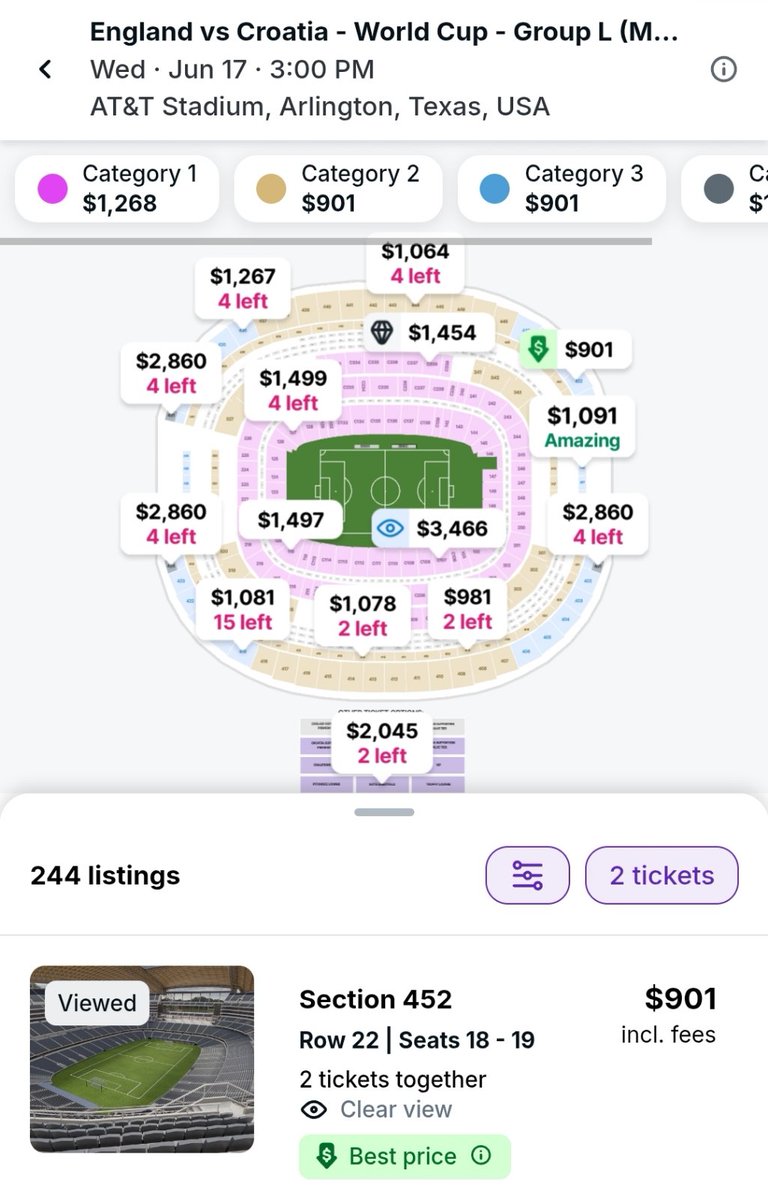 OptionsAhoy's tweet photo. Cheapest current ticket $901 for England vs Croatia in World Cup game in Dallas / Arlington ⚽️ 

Not that many tickets left though so they must of sold well https://t.co/UWF573OM0o