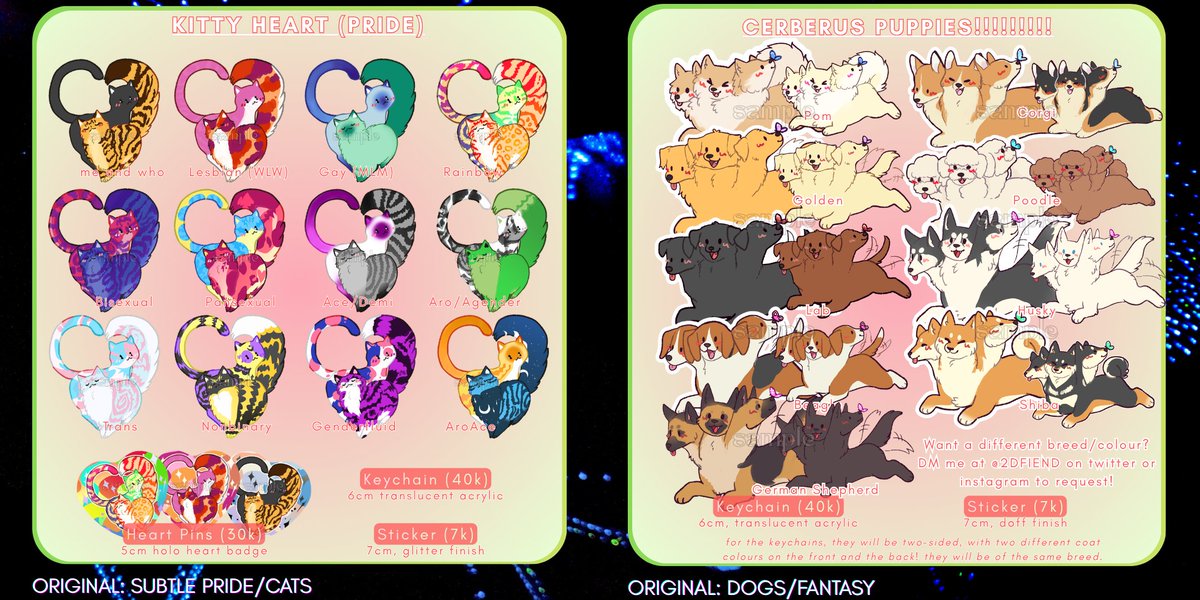 2DFIEND's tweet photo. my PO mail-order CF22 aftersales is here !!!! added new items that weren't available OTS, including new pride flags &amp; others!

🗓️: 1-9 June
✨: chainsaw man, pokemon, queer / subtle pride, animals (dogs, cats, bugs, etc), ghibli, comms
🔗: https://t.co/HMFcGqa1vO

🩵+🔁 pls, ty! https://t.co/wUYu83ggBU