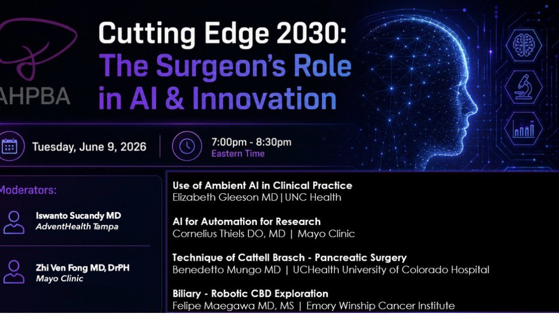 ZhiVenFongMD's tweet photo. Surgeons won’t be replaced by AI. They will be replaced by surgeons who use AI.

Join us for this @AHPBA webinar on Tues, June 9, to learn more!

A couple of technical pearls with videos at the end as a bonus.

Registration link:
https://t.co/5K5JwHLn15 https://t.co/R6D6iI64Bm