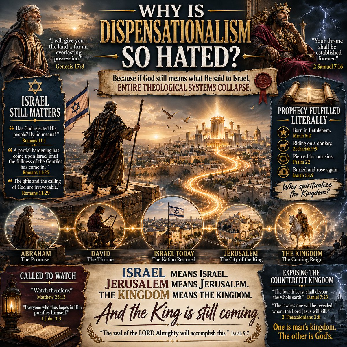 Mark_Wilson_25's tweet photo. WHY IS DISPENSATIONALISM SO HATED?

Why does a theology built on taking God's promises literally generate so much hostility?

Because if God still means what He said to Israel, entire theological systems collapse.

Dispensationalism simply insists that God means what He says.

📖 When God promised Abraham a land, He meant a land (Genesis 12:1-3; 13:14-17; 15:18-21; 17:8).

📖 When God promised David a throne, He meant a throne (2 Samuel 7:12-16; Psalm 89:34-37; Luke 1:32-33).

📖 When God promised a Kingdom centered in Jerusalem, He meant Jerusalem (Isaiah 2:2-4; Micah 4:1-8; Zechariah 14:4,9,16).

The same God who literally fulfilled the cross will literally fulfill the crown.

That is where the controversy begins.

❖ ⚔️ IT REFUSES TO LET ISRAEL DISAPPEAR

At the heart of the debate is not dispensations.

It is Israel.

Dispensationalism refuses to erase the nation God chose, preserved, and promised to restore.

"Has God rejected His people? By no means!" (Romans 11:1)

"A partial hardening has come upon Israel, until the fullness of the Gentiles has come in." (Romans 11:25)

"The gifts and the calling of God are irrevocable." (Romans 11:29)

"If this fixed order departs from before Me... then shall the offspring of Israel cease from being a nation before Me forever." (Jeremiah 31:35-37)

"I will plant them on their land, and they shall never again be uprooted." (Amos 9:15)

If God can permanently abandon Israel, what assurance do believers have that He will not abandon them?

❖ 📖 IT RESTORES A CONSISTENT LITERAL HERMENEUTIC

Every major prophecy concerning Messiah's first coming was fulfilled literally.

Born in Bethlehem (Micah 5:2).

Riding a donkey (Zechariah 9:9).

Pierced (Psalm 22:16; Zechariah 12:10).

Betrayed for thirty pieces of silver (Zechariah 11:12-13).

Buried with the rich (Isaiah 53:9).

Why then should the prophecies of His second coming suddenly become symbolic?

"We have the prophetic word more fully confirmed." (2 Peter 1:19)

Literal fulfillment should lead us to expect literal fulfillment.

❖ 🇮🇱 IT FORCES PEOPLE TO EXPLAIN ISRAEL

For centuries many claimed the Jewish people would disappear.

Many claimed Israel would never return.

Many claimed Jerusalem would never again become the center of world attention.

Yet God declared:

"I will take you from the nations and gather you from all the countries and bring you into your own land." (Ezekiel 36:24)

"I will bring them back to their own land." (Jeremiah 16:14-15)

"He will assemble the banished of Israel." (Isaiah 11:11-12)

Against all historical odds, the Jewish people survived.

Their language survived.

Their identity survived.

Their nation returned.

The existence of Israel does not fulfill every prophecy, but it certainly forces people to wrestle with the promises God made.

❖ 👑 IT PROCLAIMS A FUTURE EARTHLY KINGDOM

The prophets saw more than a spiritual reality.

They saw a King reigning from Jerusalem.

"Out of Zion shall go forth the law." (Isaiah 2:3)

"A King shall reign and prosper." (Jeremiah 23:5-6)

"This is the place of My throne." (Ezekiel 43:7)

"The LORD shall be King over all the earth." (Zechariah 14:9)

Jesus promised His apostles:

"You who have followed Me will also sit on twelve thrones, judging the twelve tribes of Israel." (Matthew 19:28)

Even after the resurrection they asked:

"Lord, will You at this time restore the kingdom to Israel?" (Acts 1:6)

Jesus corrected their timing, not their expectation.

❖ 🐉 IT EXPOSES SATAN'S WAR AGAINST ISRAEL

The conflict began in Eden.

"I will put enmity between your seed and her seed." (Genesis 3:15)

It continued throughout Israel's history.

"The dragon was enraged with the woman." (Revelation 12:17)

If God's future purposes involve Israel, Satan has every reason to oppose Israel.

If Satan opposes Israel, he benefits whenever believers forget God's promises concerning Israel.

The battle is not merely theological.

It is spiritual.

❖ ⏳ IT CALLS THE CHURCH TO WATCHFULNESS

Dispensationalism teaches that history is moving toward a climax.

Christ is coming.

The nations will be judged.

The King will reign.

Therefore believers are commanded to watch.

"Watch therefore." (Matthew 25:13)

"When these things begin to take place, straighten up and raise your heads, because your redemption is drawing near." (Luke 21:28)

"Looking for the blessed hope and glorious appearing." (Titus 2:13)

"Everyone who thus hopes in Him purifies himself." (1 John 3:3)

A theology that expects Christ's return challenges complacency, compromise, and worldly ambition.

❖ 🌍 IT EXPOSES THE COUNTERFEIT KINGDOM

Scripture predicts a coming world ruler and a false peace before the true King arrives.

"The fourth beast shall devour the whole earth." (Daniel 7:23)

"He shall make a firm covenant with many for one week." (Daniel 9:27)

"Then the lawless one will be revealed." (2 Thessalonians 2:3-8)

Revelation 13 shows the Beast's kingdom.

Revelation 17 shows Babylon's system.

Revelation 19 shows Christ's return.

One is man's attempt to rule the world.

The other is God's.

The real issue is not Dispensationalism.

The real issue is whether God means what He says.

If Bethlehem meant Bethlehem...

If Calvary meant Calvary...

If the empty tomb meant an empty tomb...

Then Israel means Israel (Jeremiah 31:35-37).

Jerusalem means Jerusalem (Zechariah 14:4,9).

The throne means a throne (Luke 1:32-33).

The Kingdom means a Kingdom (Isaiah 9:7; Revelation 20:1-6).

And the King is still coming (Acts 1:11; Revelation 19:11-16).

"For I am the LORD, I do not change." (Malachi 3:6)

"The zeal of the LORD Almighty will accomplish this." (Isaiah 9:7)