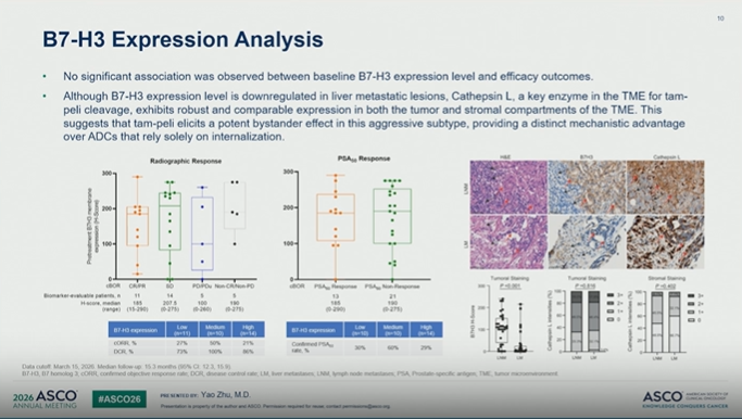 nataliagandur's tweet photo. #ASCO26 GU Oncology Spotlight 🚨

🔬 Abstract 5015 | YL201 / tam-peli
Phase 2 study of a B7-H3–targeting antibody–drug conjugate in heavily pretreated mCRPC
Presented by Dingwei Ye, MD / Yao Zhu, MD
@ASCO
@OncoAlert
Another important ADC signal in prostate cancer.

YL201, also known as tambotaug pelitecan / tam-peli, is a novel B7-H3–targeting ADC designed with a dual-cleavage mechanism that may function both intracellularly and extracellularly in the tumor microenvironment.
Why this matters:
➡️ mCRPC remains highly heterogeneous
➡️ many patients progress after ARPI + chemotherapy
➡️ ADCs may offer a new way to exploit tumor-associated targets and bystander killing

🔵 Study population

This was a heavily pretreated mCRPC cohort:

• N = 82
• median prior lines: 4
• ARPI: 100%
• taxane-based chemotherapy: ~71%
• visceral metastases: ~44%
• liver metastases: ~22%
• lung metastases: ~23%

So this was not an easy-to-treat population.
🔵 Efficacy signal
YL201 showed promising activity:

➡️ confirmed ORR: 32.8%
➡️ confirmed PSA50 response: 37.2%
➡️ median rPFS: 9.9 months
➡️ median OS: 18.5 months
➡️ 15-month OS rate: 57.8%

Notably, activity was observed in patients with taxane resistance and visceral metastases — a clinically important unmet-need group.

🧬 Biology signal
No significant association was observed between baseline B7-H3 expression level and efficacy outcomes.
That is interesting.
The presentation suggested that B7-H3 expression may be lower in liver metastases, while cathepsin L expression in the tumor microenvironment may support the dual-cleavage / bystander mechanism.
This raises a key ADC question:
Is target expression alone enough to predict benefit?
Probably not.

🔵 Safety

Tam-peli had a manageable safety profile in this phase 2 dataset.

Important differentiating point:

➡️ no interstitial lung disease signal reported
➡️ hematologic toxicity was described as manageable
That matters in an evolving ADC landscape where payload, linker, target, tissue distribution, and toxicity profile all shape clinical utility.
🔵 My take
YL201 / tam-peli is an important early ADC signal in mCRPC.
The key message is not just “another target.”

It is a broader shift:

Prostate cancer treatment is moving from ARPI/taxane/radioligand sequencing toward targeted payload delivery strategies.

But major questions remain:

➡️ Where does B7-H3 ADC fit after ARPI, taxanes, PARPi, and Lu-PSMA?
➡️ Can we identify who benefits most?
➡️ Is B7-H3 expression sufficient, or do we need better ADC biomarkers?
➡️ How durable are responses?
➡️ What is the optimal dose and toxicity-management strategy?

Promising signal.
Important biology.
Clinical role still being defined.

#ASCO26 #GUOnc #ProstateCancer #mCRPC #ADC #B7H3 #PrecisionOncology #ClinicalTrials #AntibodyDrugConjugates #Oncology

@OncLive
@TargetedOnc
@CancerNetwork
@ASCOPost
@ecancer
@VJOncology
@curetoday