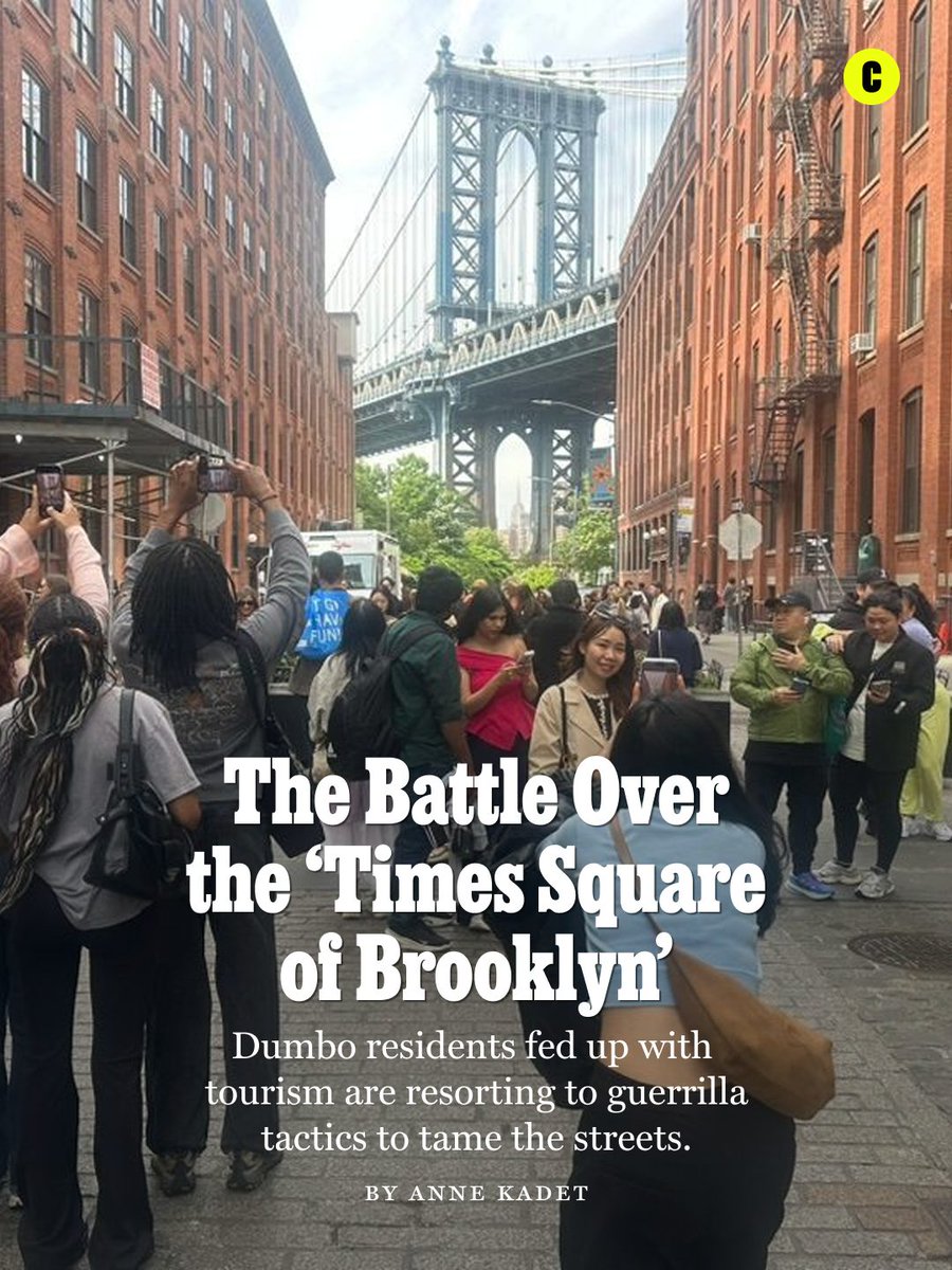 NYMag's tweet photo. “From a governance standpoint, we seem to be treated like any other neighborhood — like Cobble Hill or Boerum Hill — and we are actually more like Times Square,” said Jamel Talbi, a 15-year Dumbo resident and condo-board president. “We are at our wits’ end.” Talbi should know; he lives on the cobblestoned stretch of Washington Street leading from the Brooklyn Bridge pedestrian walkway to the waterfront that is said to be the most Instagrammed location on the planet.

Talbi launched an 11-page online petition, directed at elected officials and signed by nearly 400 Dumbo residents, which includes a list of demands one might expect from folks living in a neighborhood so dense with tourists that it’s sometimes hard to push a stroller down the sidewalk: restrictions on street vendors and tour buses, for instance, and a crowd-management plan. 

While the petition is just the latest in an ongoing crusade to tame the streets, tension in the neighborhood is building up, and for good reason. “People are anxious because there is a World Cup village under the Brooklyn Bridge this summer, the 250th anniversary of our independence, the Macy’s fireworks, and the tall ships coming,” said Lincoln Restler, the city councilperson representing the area. “They look ahead to June and July and say, ‘Holy shit! This is going to get a lot worse!’” 

Some residents are now taking cues from global anti-tourism tactics — such as Amsterdam’s “Stay Away” campaign discouraging British tourists from traveling to the city to party and Seoul’s visiting hours for Bukchon Hanok Village — and suggesting measures far beyond the usual.

Read Anne Kadet’s report on the Dumbo residents losing their patience against tourists — and resorting to guerrilla tactics: https://t.co/PTvTe3eIZa
