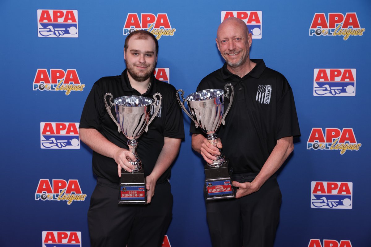 poolplayers's tweet photo. Under the bright lights, they rose to the occasion. 🔥

Shout out to our 2026 8-Ball Doubles Champions - Dynamic Duo of McAdoo, Pa. – Dylan Spohr and Cassandra Borrell and Runners-up - Eagles Crew of Anderson, Ind. – Jeremy Molnar and Elton Rees! 🎱 🏆 #apapool #billiards https://t.co/PelXs0Wzb0