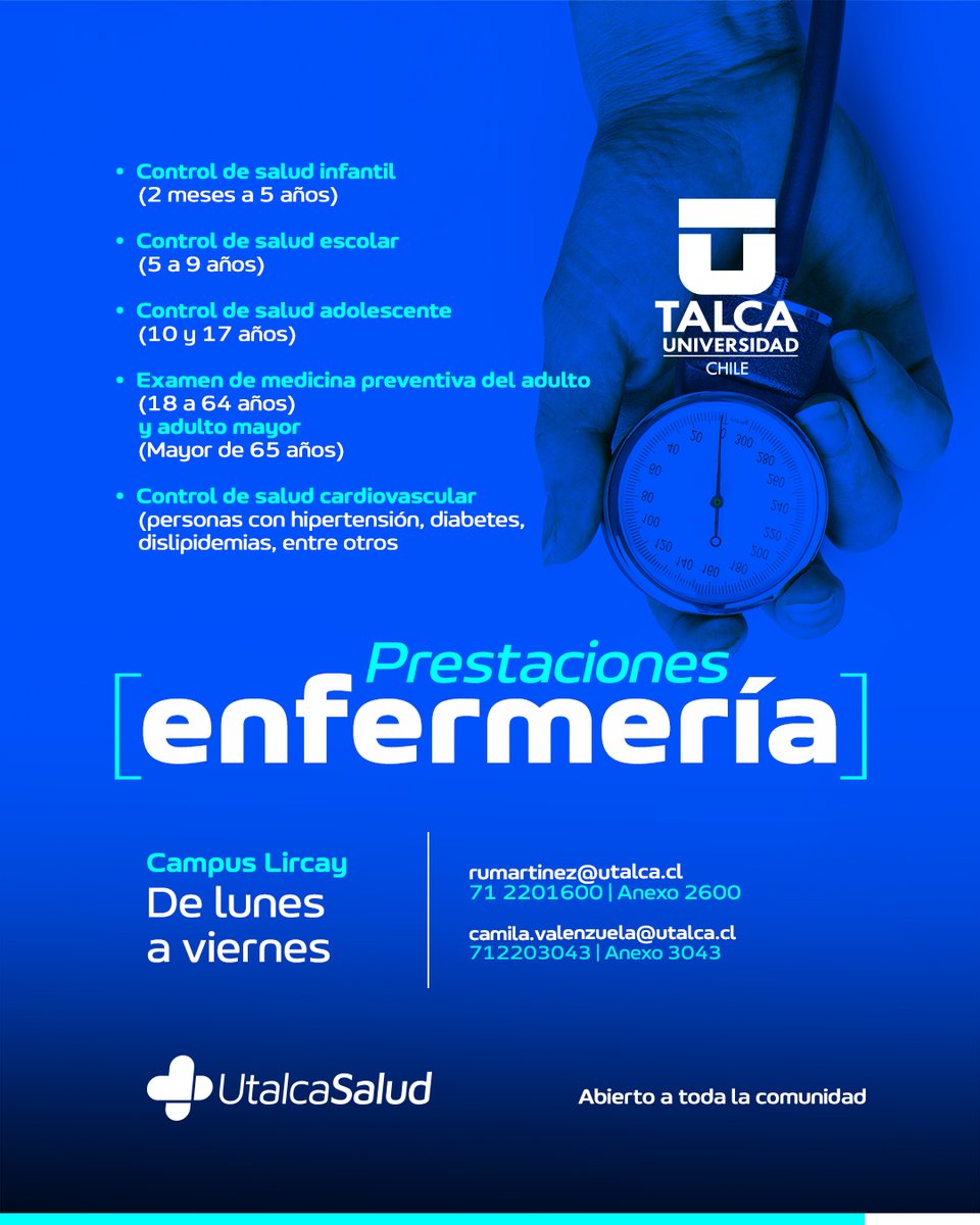 UTalca's tweet photo. Prestaciones enfermería 🩺

📍Campus Lircay.
🕖De lunes a viernes.

Abierto a toda la comunidad. https://t.co/skQCXX8Oap